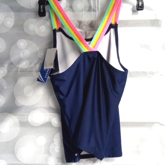 NAUTICA GIRLS NAVY PASTEL CROSS BACK TWO PIECE SWIMSUIT SIZE LARGE 12/14 NWT - Picture 3 of 5